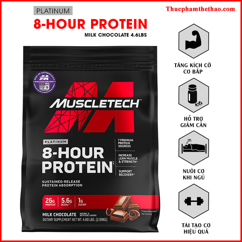 Thực phẩm tăng cơ CASEIN - PLATINUM 8 Hour Protein 4.6lbs (~2.09kg) - NHIỀU HƯƠNG VỊ –  KÈM QUÀ TẶNG - Bổ sung nguồn Protein kết hợp, giữa Whey hấp thụ nhanh giúp phục hồi phát triển cơ và Casein hấp thụ chậm, giúp nuôi dưỡng phát triển cơ bắp