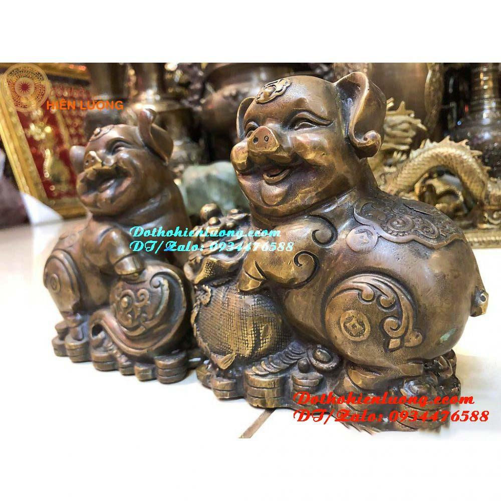 Cặp Heo Màu Nâu Bằng Đồng Hun Nguyên Chất Chiêu Tài Cao 14cm - Linh Vật Phong Thủy May Mắn