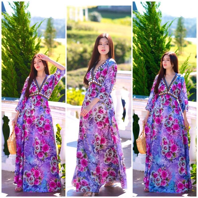 Đầm maxi hoa tím tay lỡ phối viền boho du lịch chụp ảnh siêu xinh