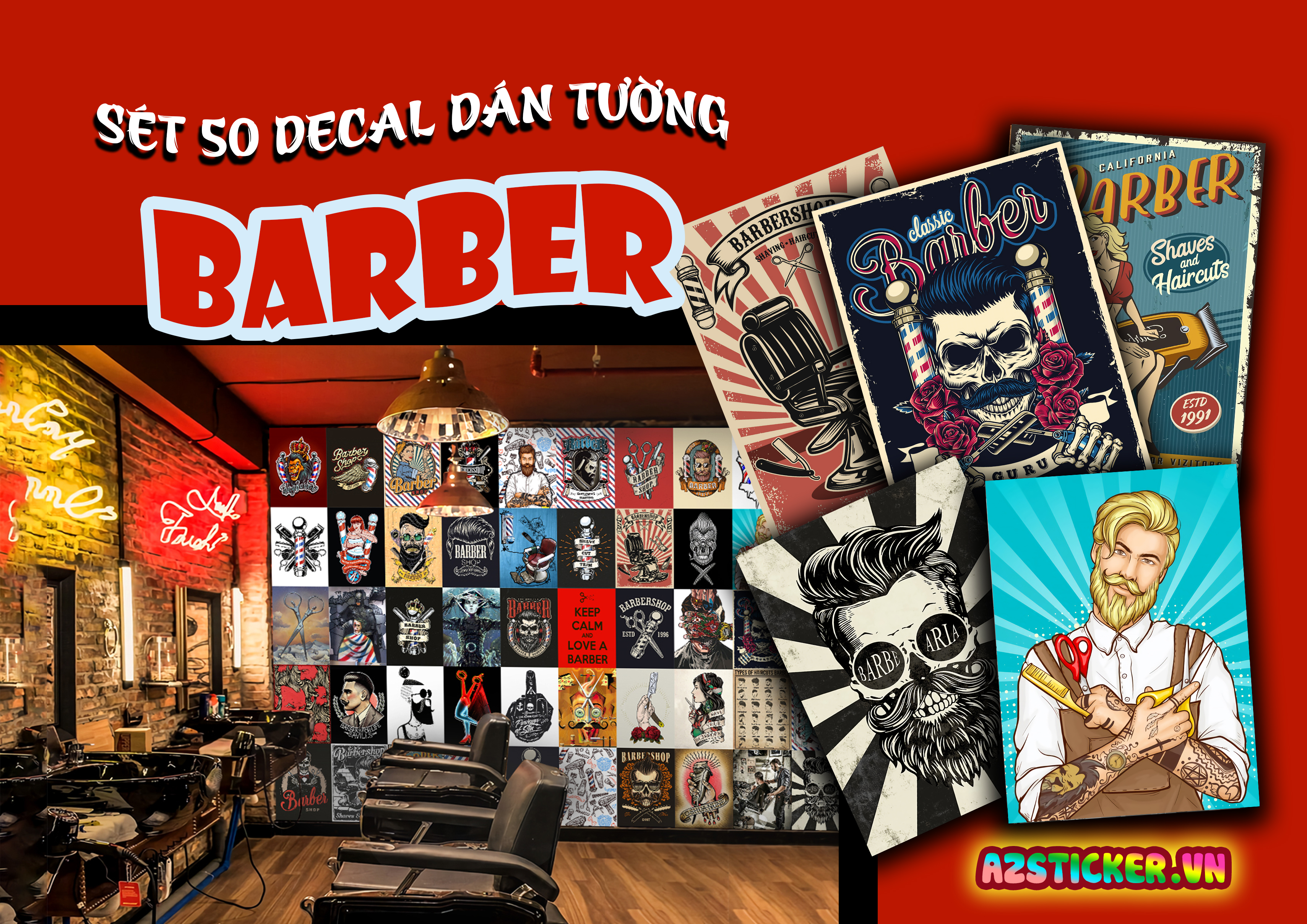 Tranh Dán Tường Cao Cấp Không Bay Màu Trang Trí Phòng , Quán , Nhà Hàng | Chủ Đề Barber