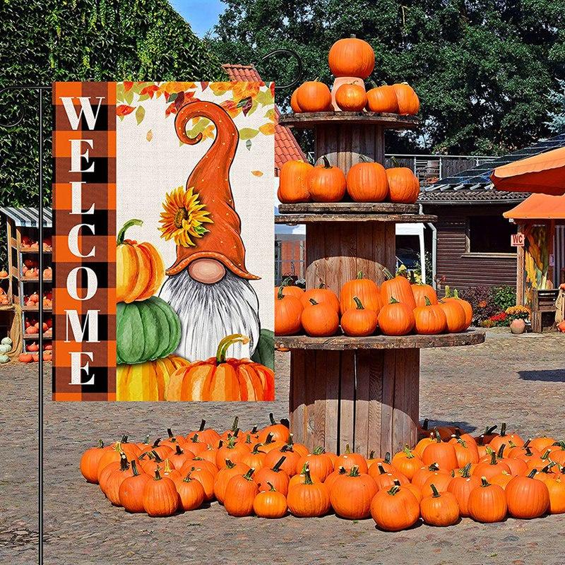 2 Pcs Welcome Harvest Autumn Garden Flag,Double-Sided Pumpkin Truck and Dwarf Garden Flag,Outdoor Patio Decoration