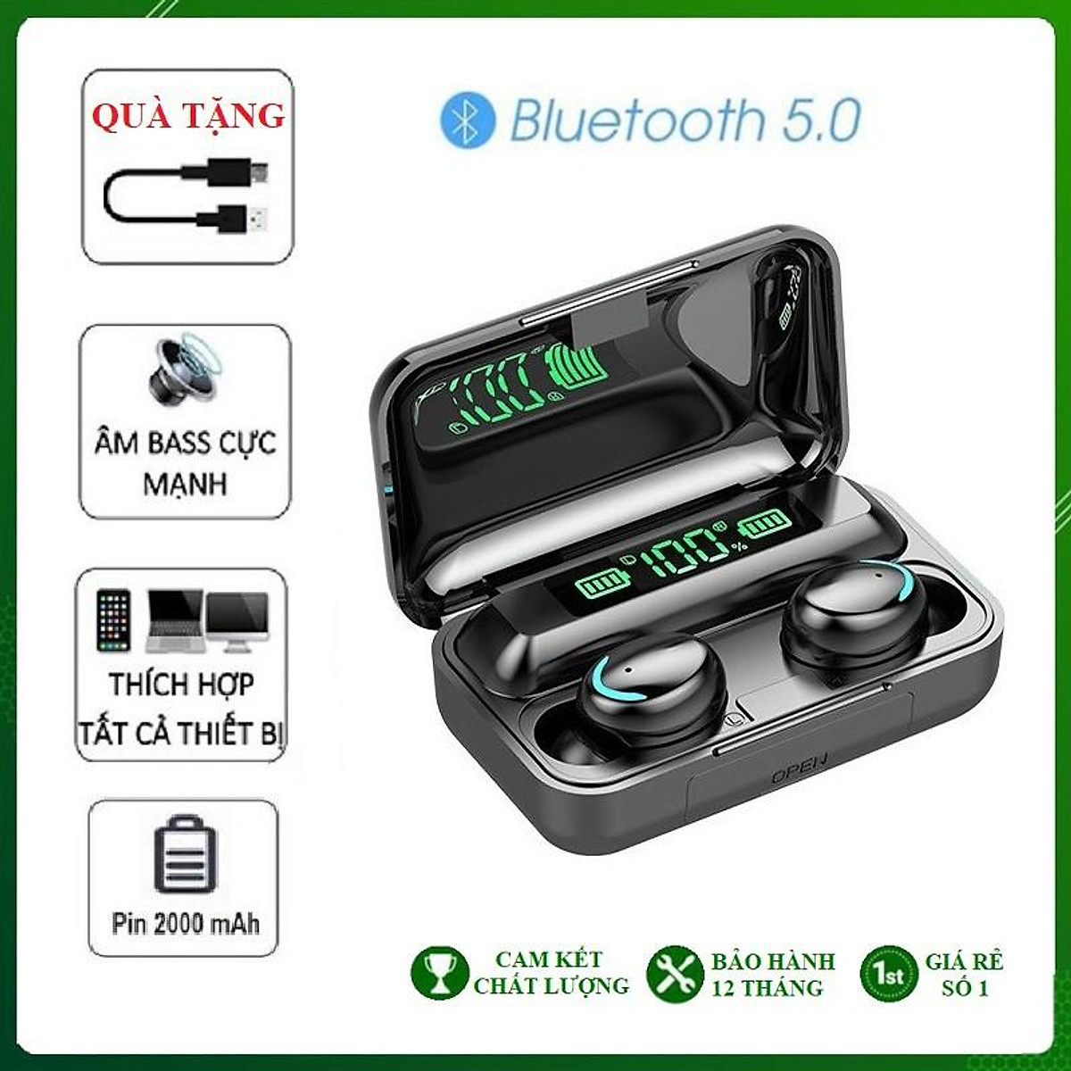 Tai Nghe Bluetooth True Wireless F9 Pro V5.1 Có LCD Cực Hay Pin Trâu Kèm Cáp Sạc