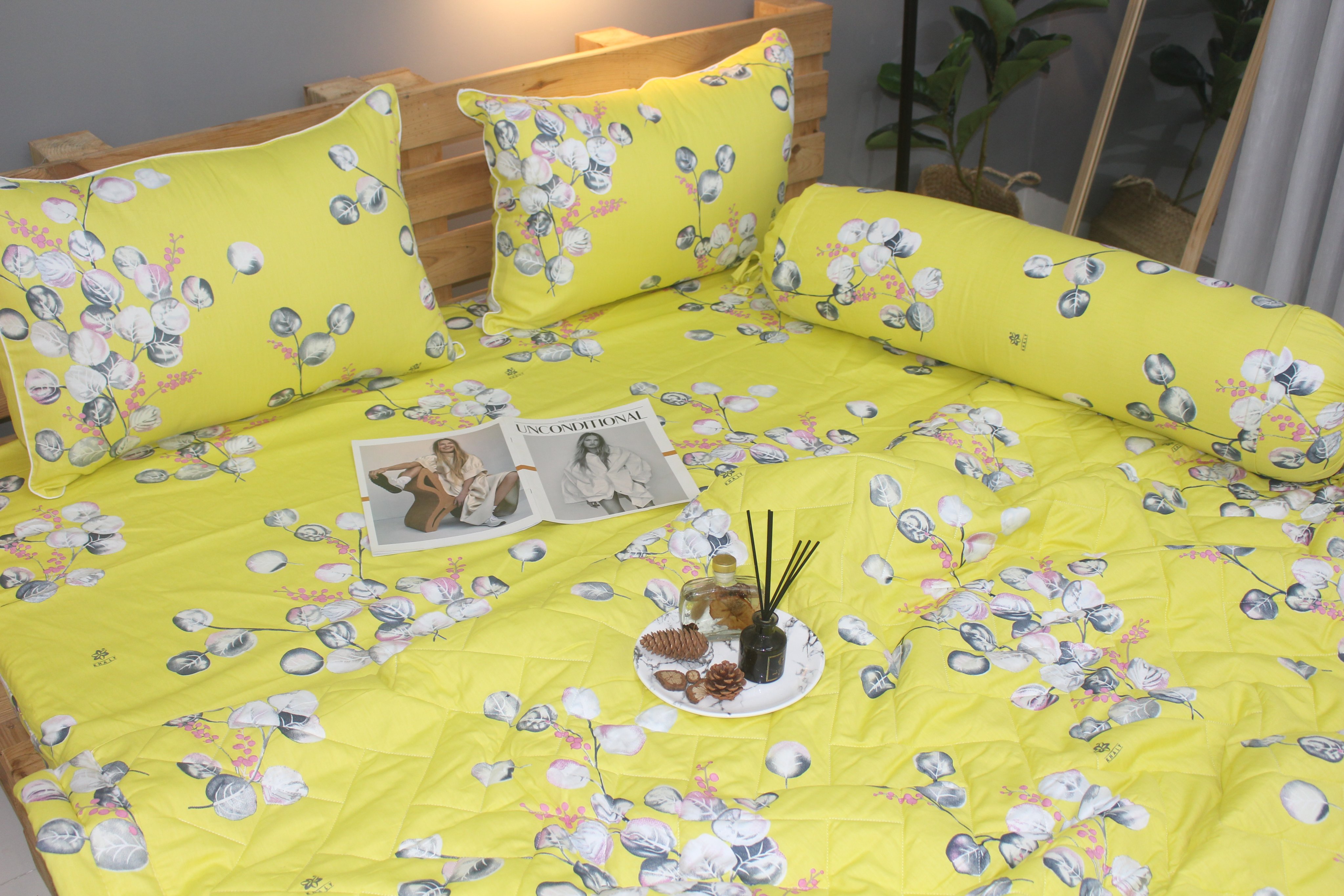 Bộ drap gối KHA LY - 100% cotton thiên nhiên - VN314 Lá Tròn Vàng Vải dày dặn mát mẻ siêu thấm mồ hôi