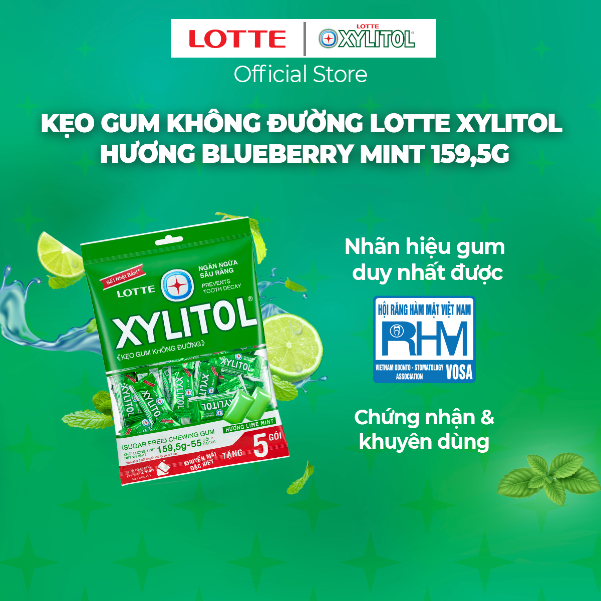 Kẹo Gum không đường Lotte Xylitol - Hương Lime Mint 159,5 g