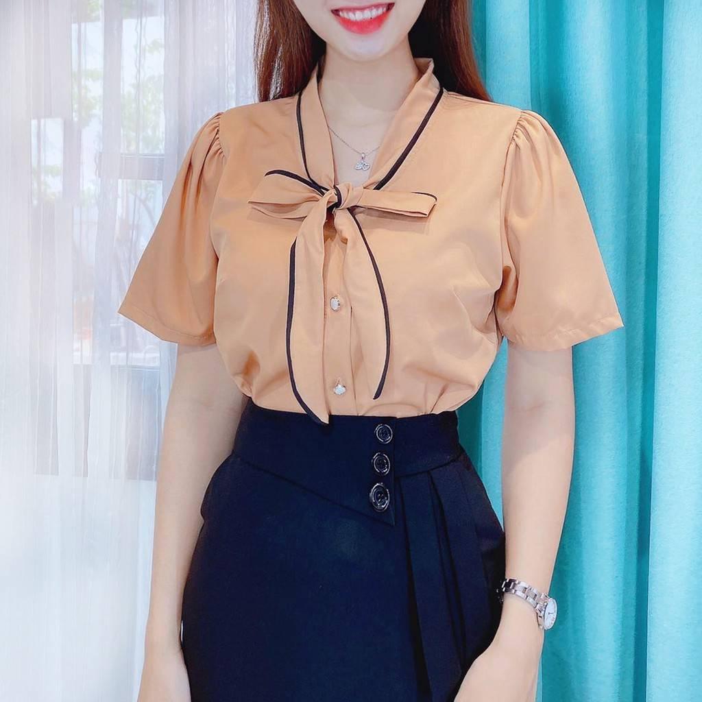 Áo sơ mi kiểu nữ PHỐI VIỀN NƠ CỔ tay ngắn thanh lịch và sang trọng