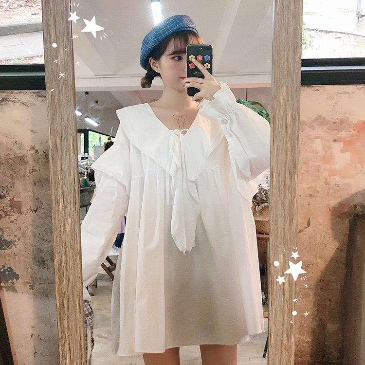 Áo Sơ Mi Nữ Babydoll Dài Tay Cổ Sen Buộc Nơ Tay Bèo