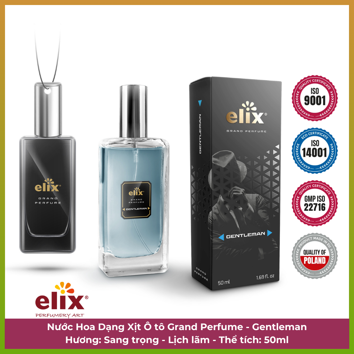 Nước hoa xịt ô tô Grand Perfume Elix 50ml - Hương Gentleman (Sang trọng -Lịch Lãm) - 50ml Tiện lợi dễ sử dụng, lưu hương lâu, an toàn khi sử dụng