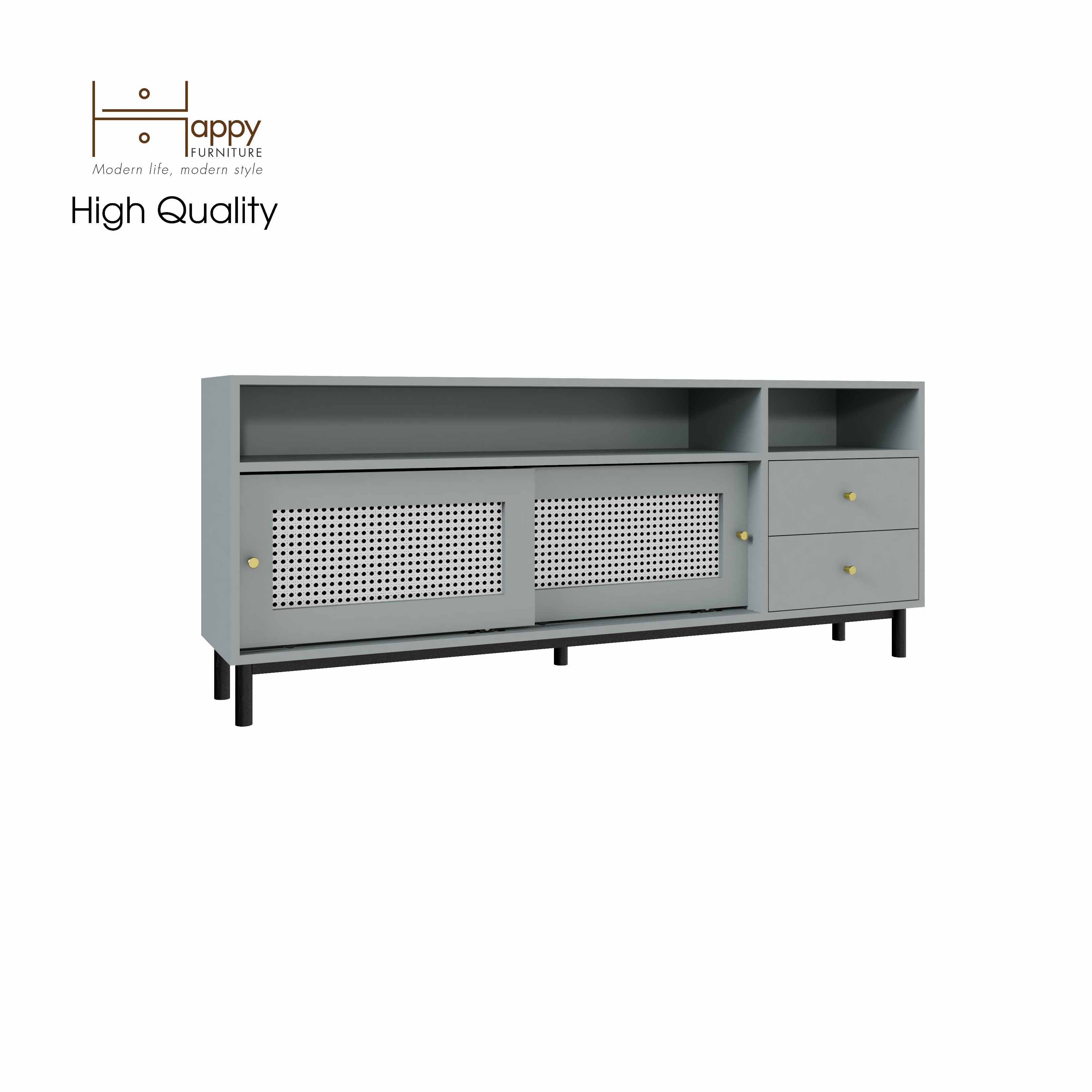 [Happy Home Furniture] ROTAN, Tủ lưu trữ 2 cánh lùa - 2 ngăn kéo - chân sắt, 160cm x 30cm x 64cm ( DxRxC), TCL_032
