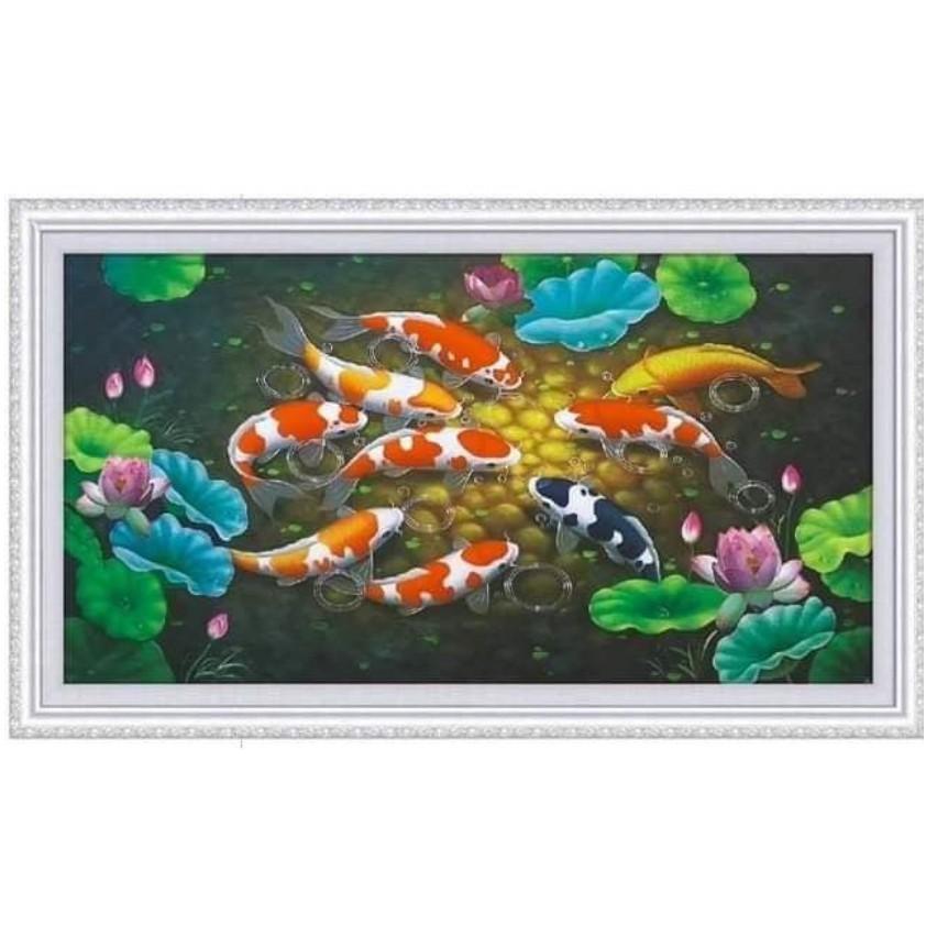 Tranh Đính Đá CÁ CỬU NGƯ QUẦN HỘI . Kích Thước: 1m2 x 65cm - 1m6 x 90cm