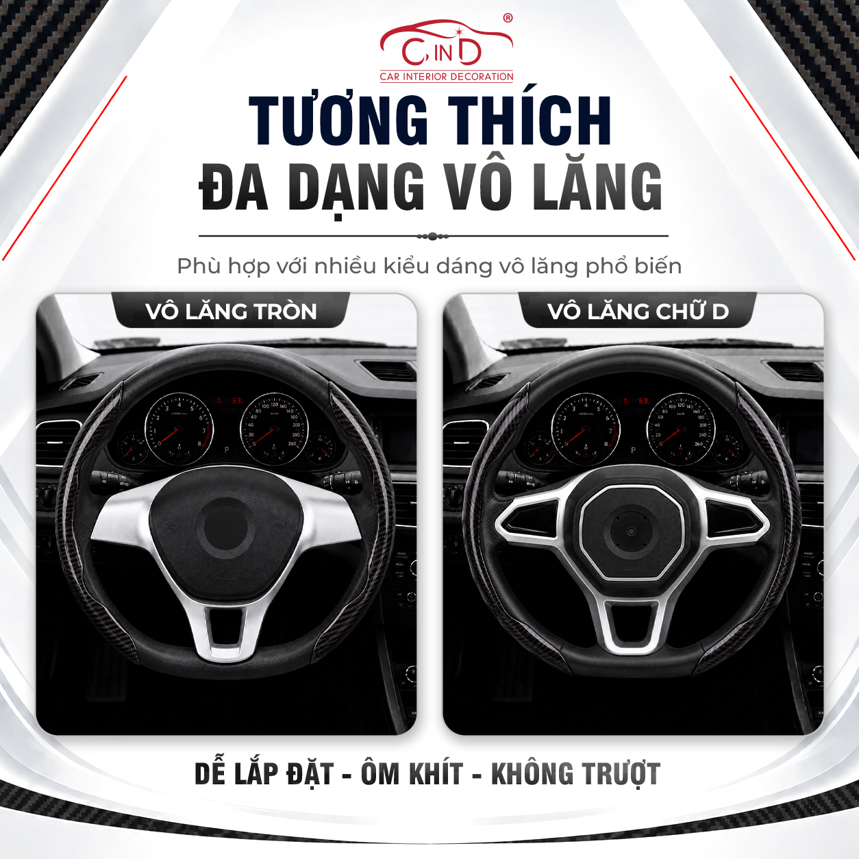 Ốp Bọc Vô Lăng CIND Carbon Bóng Thể Thao Mỏng Nhẹ Chống Trượt Phù Hợp Nhiều Dòng Xe