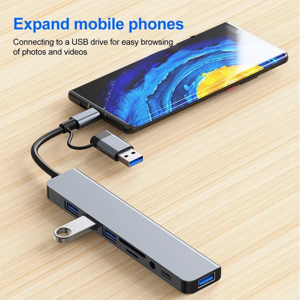 Bộ Chuyển Đổi Hub USB C Hub 8 Trong 1 Type C 3.1 Sang USB 3.0/ Type C/ Đọc Thẻ SD / TF Cho MacBook Notebook Laptop Máy Tính-Hàng Chính Hãng