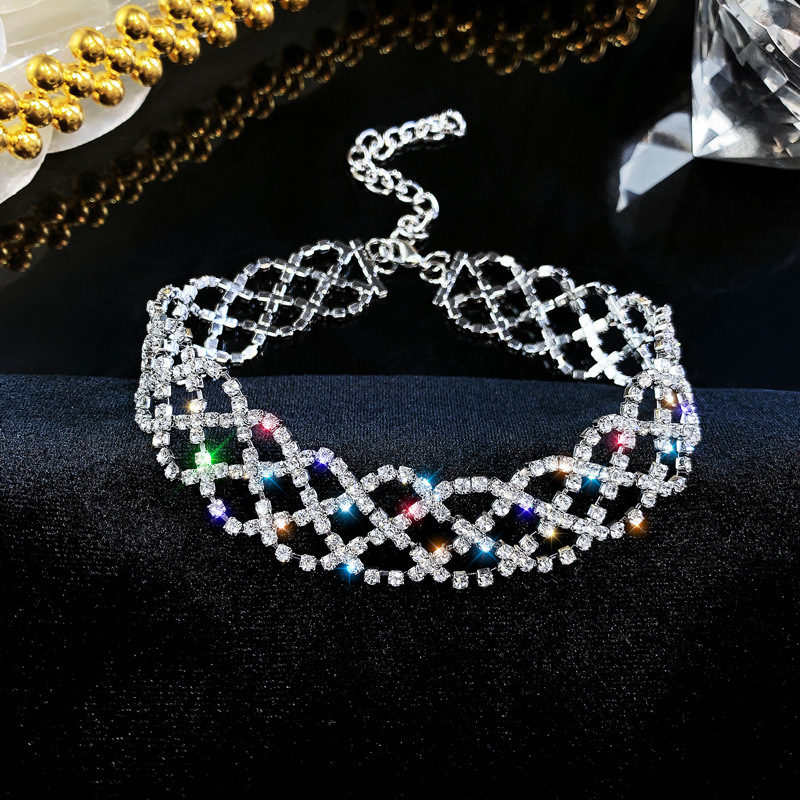 Vòng cổ dây chuyền nữ đính đá, vòng cổ choker đính đá đan xen mắt lưới, phụ kiện thời trang đi tiệc sang chảnh