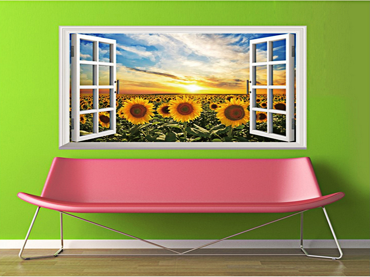 Decal dán tường phong cảnh cửa sổ cánh đồng hoa hướng dương