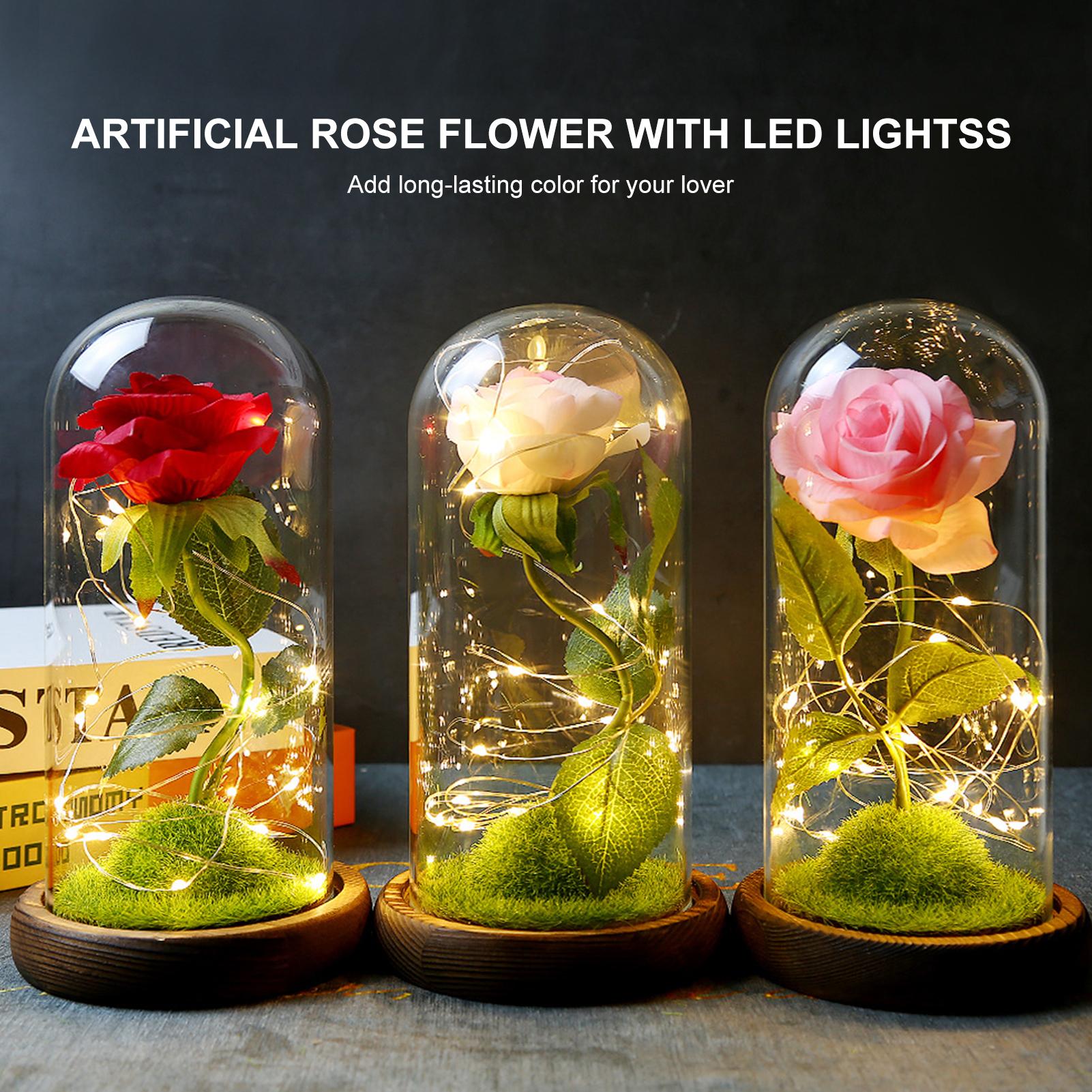Hoa hồng giả dễ thương trong lồng kính, có đèn LED, làm quà tặng, trang trí