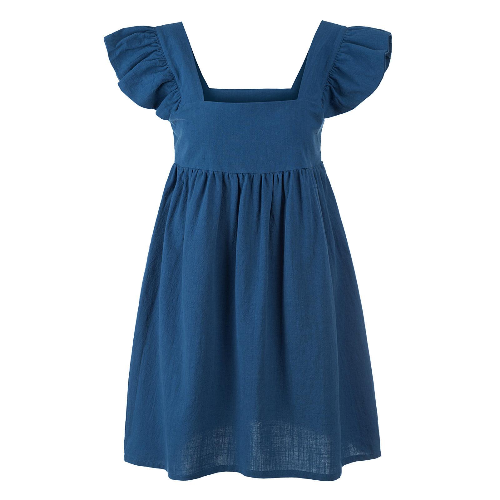 Fashion Women Cotton Linen Dress Solid Color Square Neck Short Sleeve Butterfly Sleeve Sweet Mini Dress