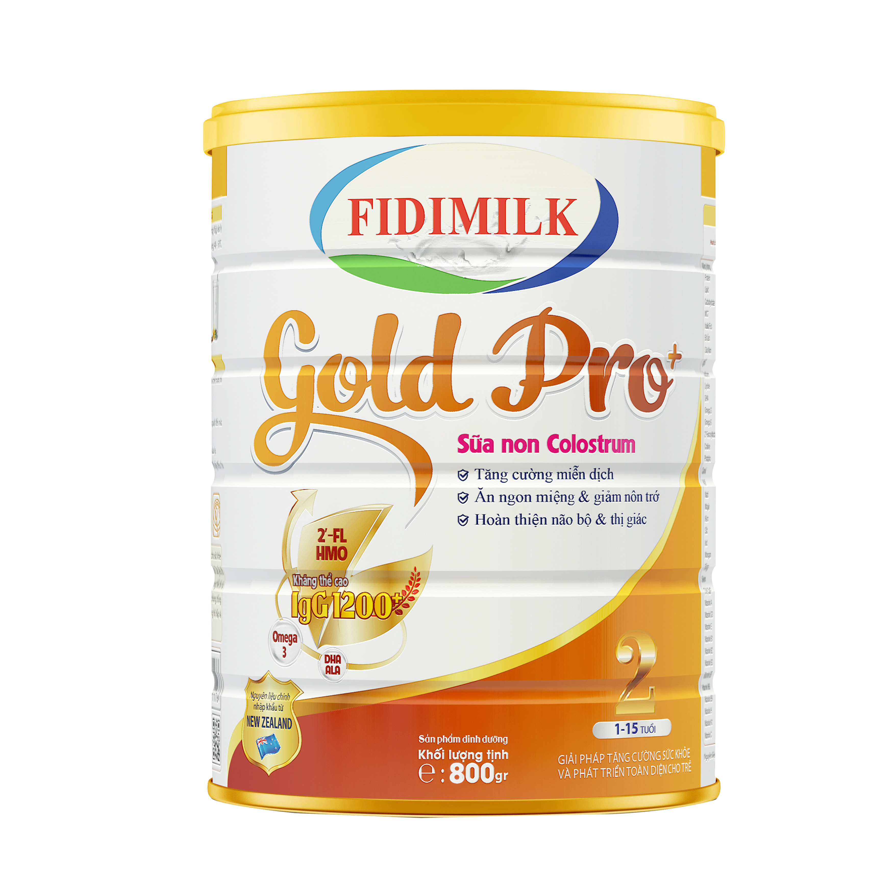 Bộ 3 lon Sữa công thức FIDIMILK GOLD PRO +2 lon 800g - Dinh dưỡng phát triển toàn diện, chứa sữa non Colostrum dành cho Bé 1-15 tuổi.