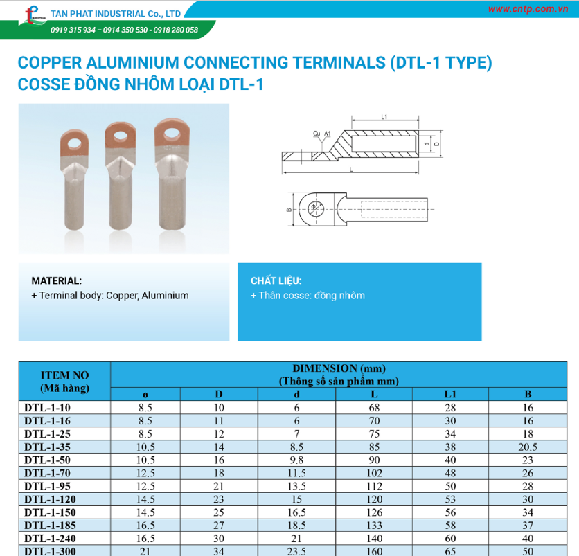 Cosse đồng nhôm DTL 1-70: Combo 5 con