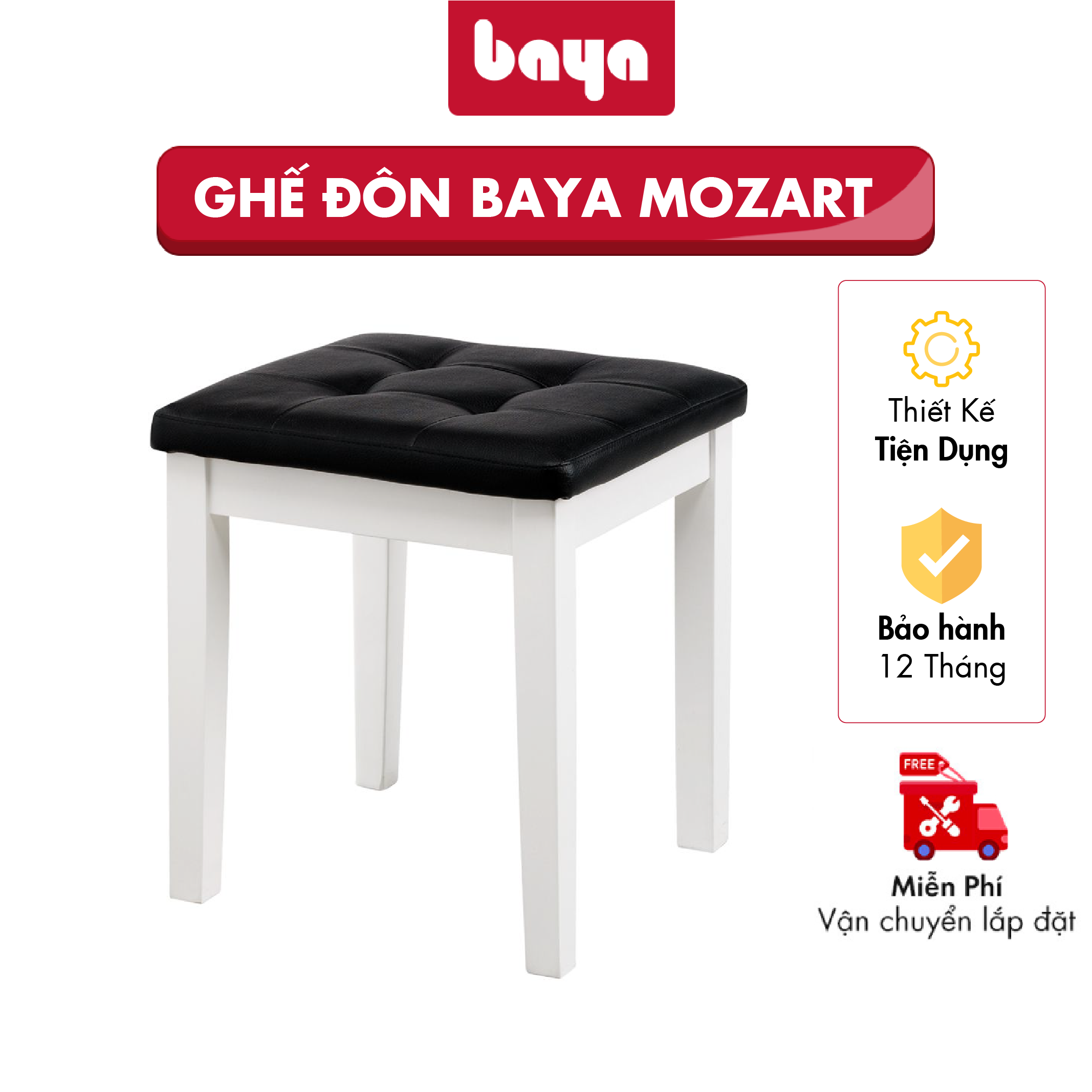 Ghế Đôn Gỗ Keo Bọc Nệm BAYA Mozart Bền Chắc Dẻo Dai Thiết Kế Mặt Ghế Hình Vuông, 4 Chân Trụ Chắc Chắn Cao 43cm Nhỏ Gọn 411