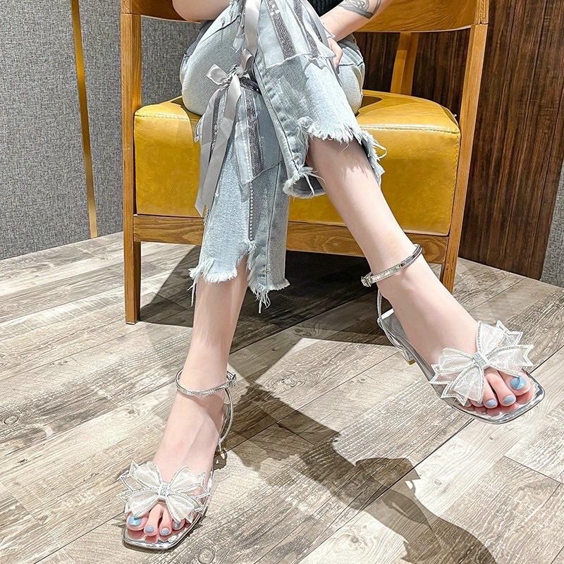 Sandal nữ đính nơ sang chảnh gót vuông 5cm ( có đình kèm video tự quay