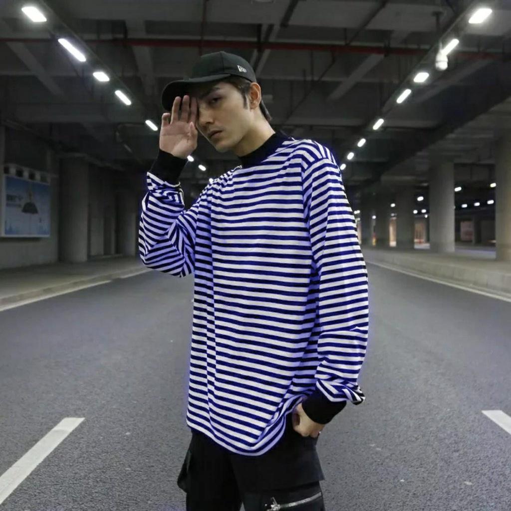 Áo thun nam tay dài cổ tròn sọc ngang xanh trắng áo thun nam form rộng tay lỡ , áo thun nam tay dài áo thun unisex