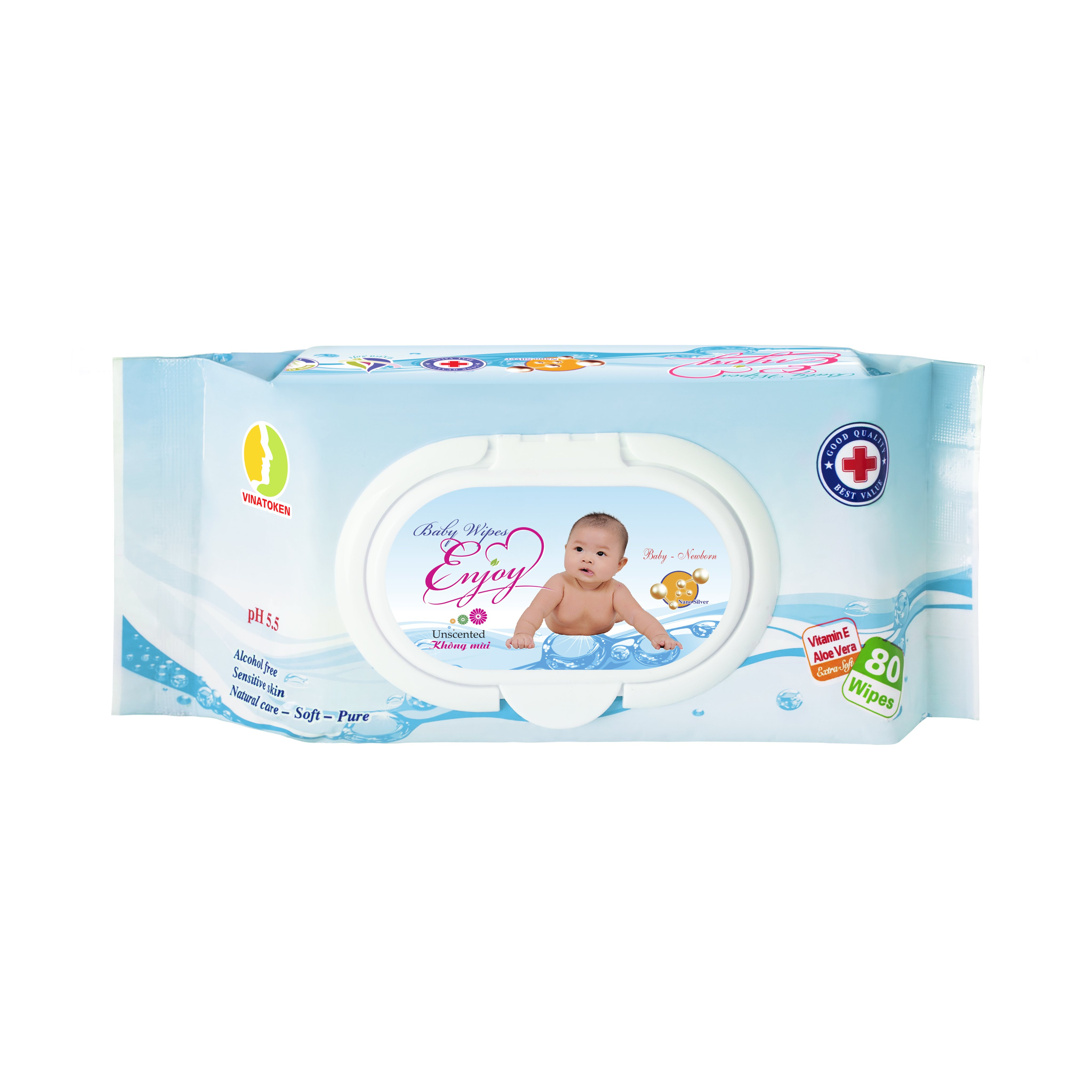 Khăn ướt em bé ENJOY Không Mùi mềm mại, dưỡng ẩm, tiện dụng, đạt chuẩn sức khỏe SGS - Gói 80 tờ