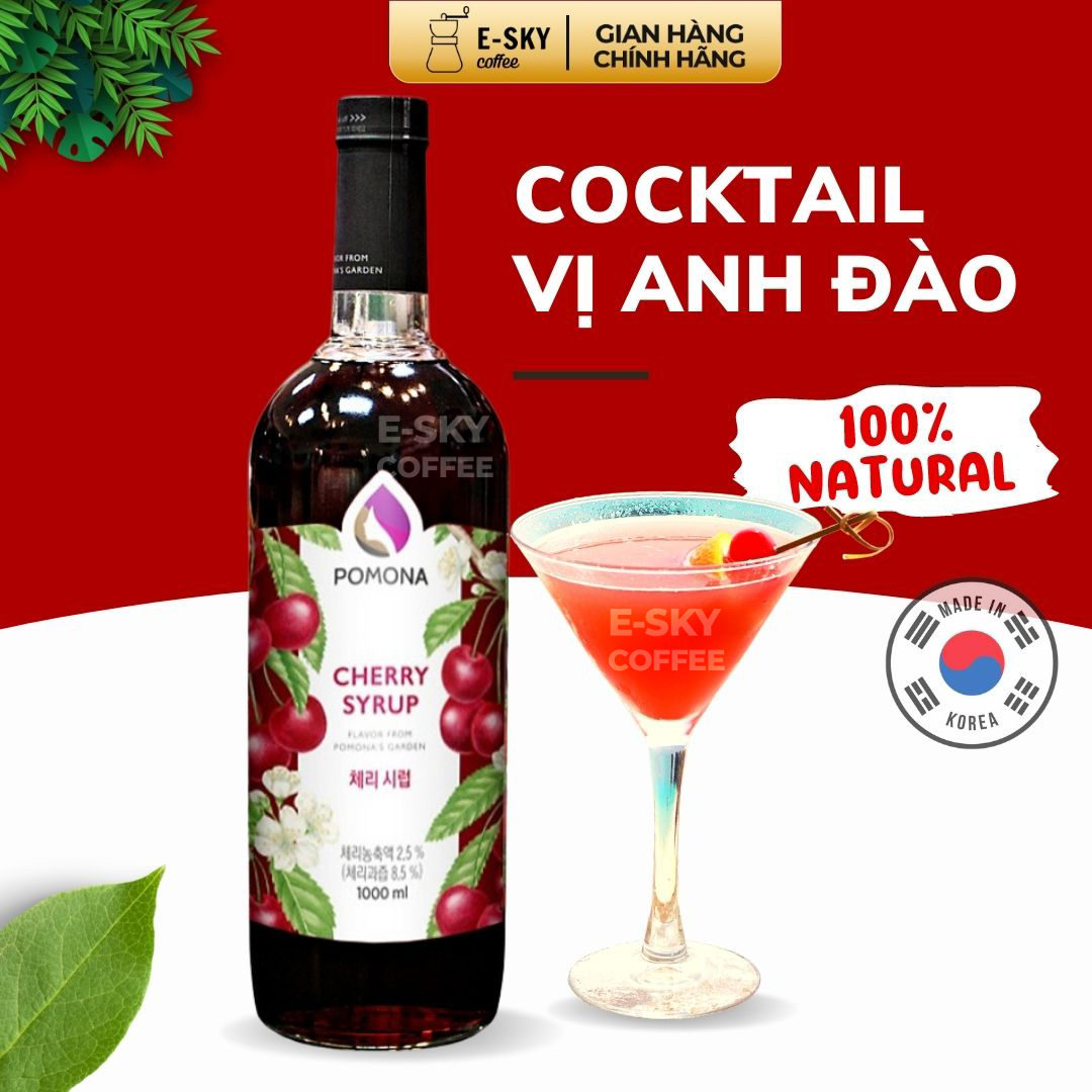 Siro Anh Đào Pomona Cherry Syrup Nguyên Liệu Pha Chế Hàn Quốc Chai Thủy Tinh 1 Lít