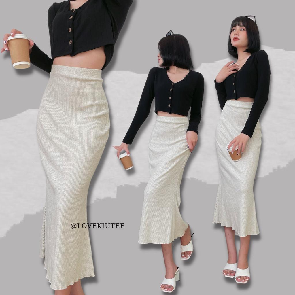 Chân váy dài đuôi cá Fishtail Ribbed Maxi Skirt LOVEKIUTEE