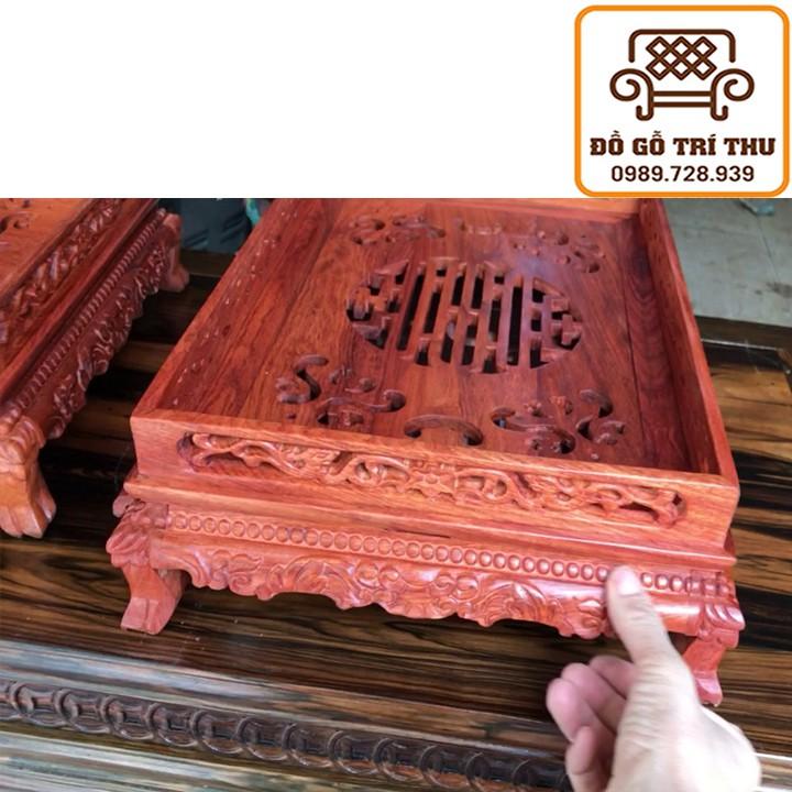 Khay Trà Gỗ Hương Chân Quỳ Đục Song Long Chầu Nguyệt Tứ Diện Cấp Sang Trọng