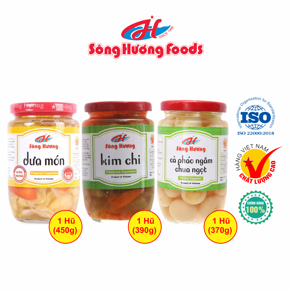 Combo 1 Hũ Dưa Món 450g + 1 Hũ Kim Chi 390g + 1 Hũ Cà Pháo Ngâm Chua Ngọt 370g Sông Hương Foods