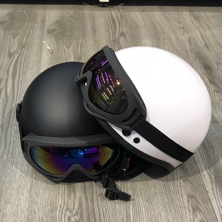 Nón bảo hiểm nửa đầu màu đen chuyên phượt HT HELMET HP01, mũ bảo hiểm kèm kính phi công, UV thời trang, cá tính - Hàng chính hãng