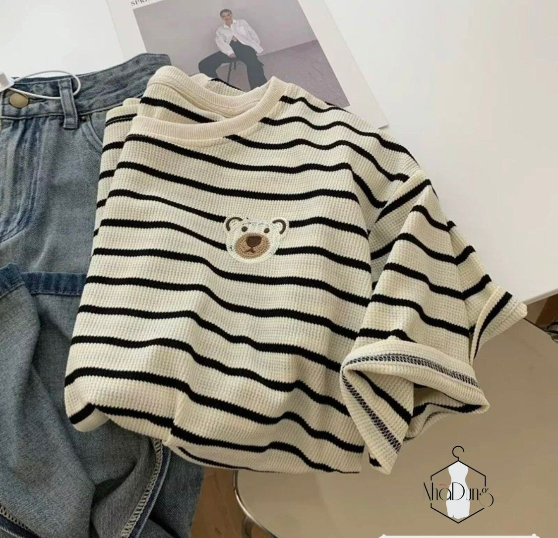 Áo thun baby tee nữ basic cotton tay ngắn thêu gấu thêu gấu họa tiết màu sắc tương phản  Nhã Dung Store