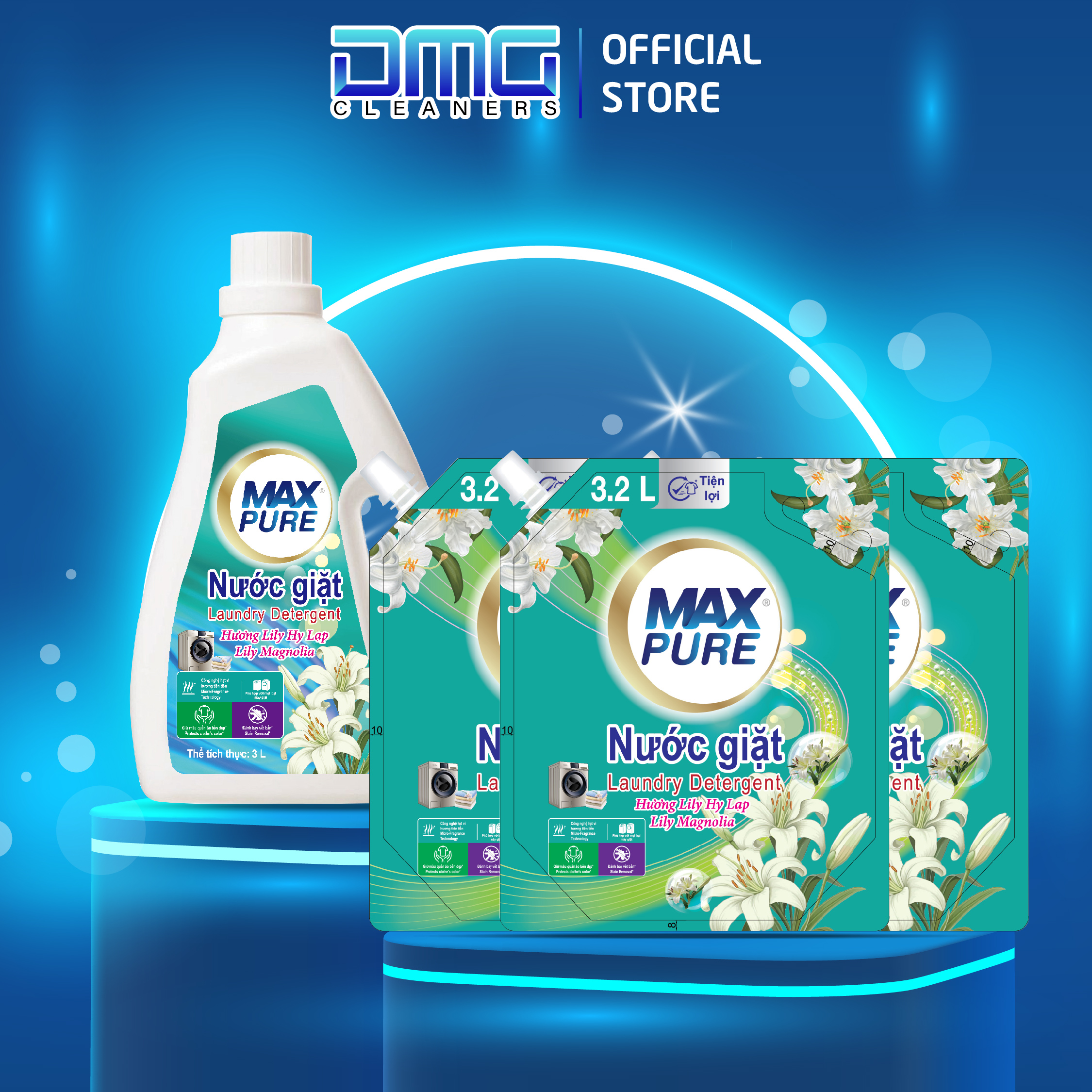Combo Chai Nước Giặt Maxpure Hương Lily 3L + 3 Túi Nước Giặt Hương Lily 3.2L