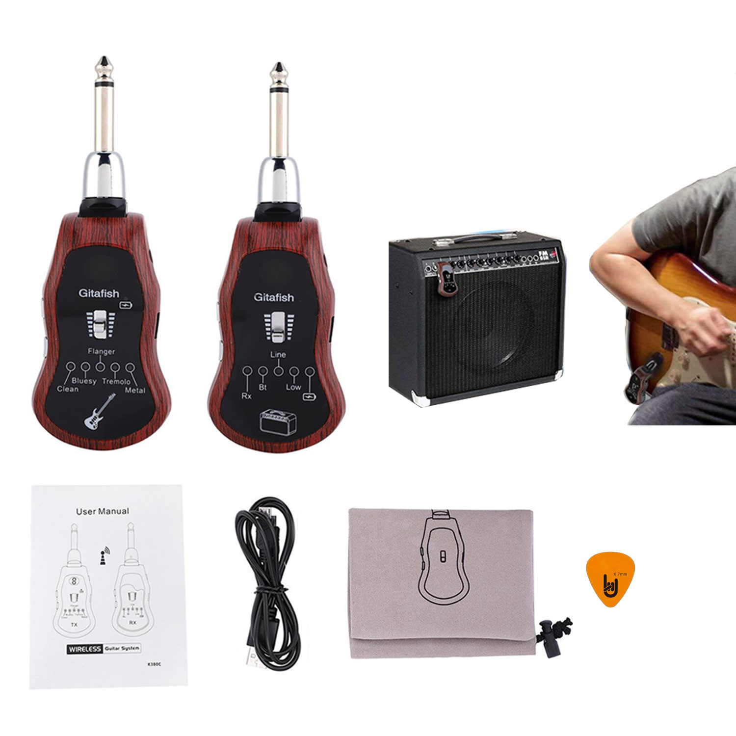 GitaFish K380C Bộ Thu Phát Tín Hiệu Không Dây Wireless System - Hỗ trợ Bluetooth (Pin sạc, Dùng cho Đàn Guitar và mọi loại Nhạc Cụ khác) - Kèm Móng Gẩy DreamMaker