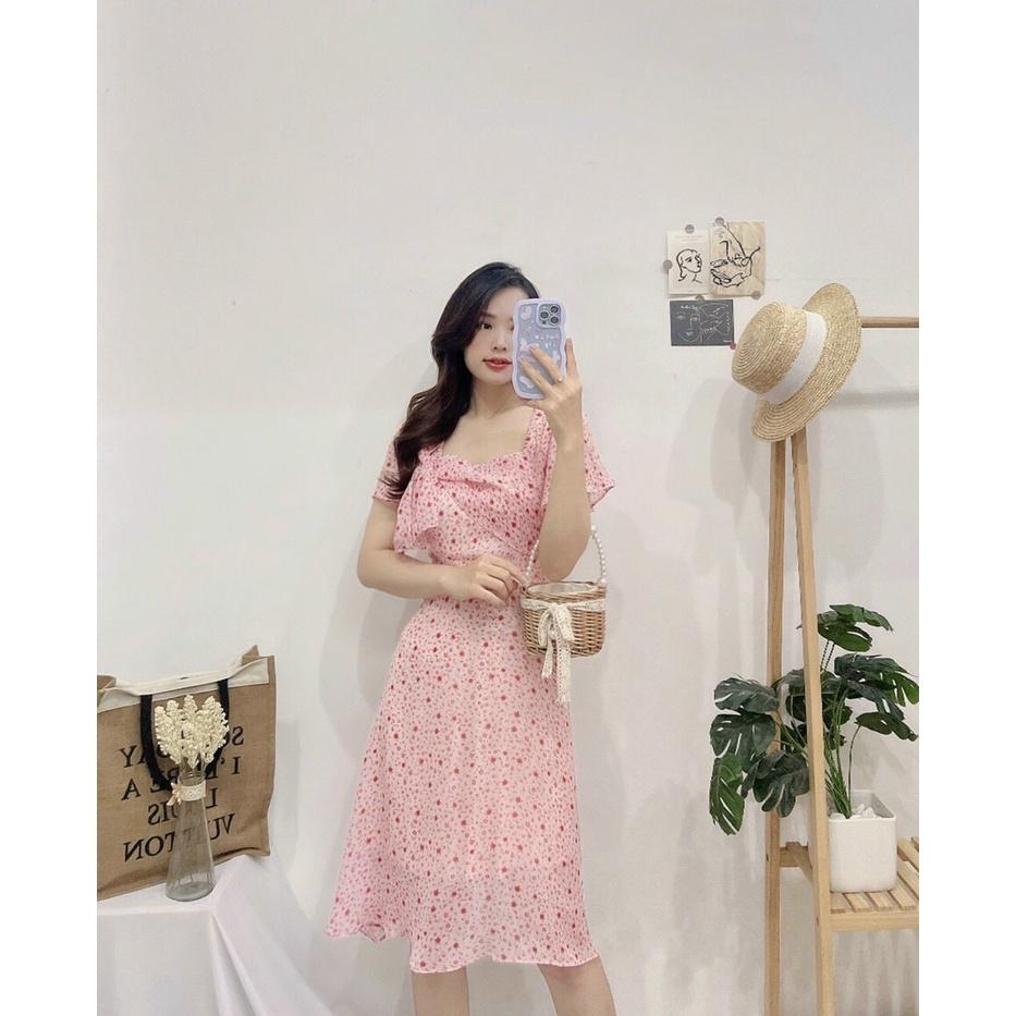 Đầm hoa nhí dự tiệc màu hồng, Váy voan hoa nhí nơ cổ hồng Cao Cấp dáng xòe tay ngắn, nữ tính quyến rũ - MiNhi Fashion
