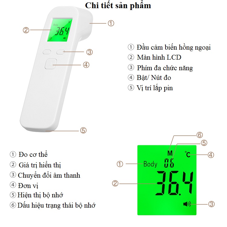 Nhiệt kế điện tử hồng ngoại đo trán màn hình LCD ( Tặng kèm nhiệt ẩm kế siêu mini ngẫu nhiên  )