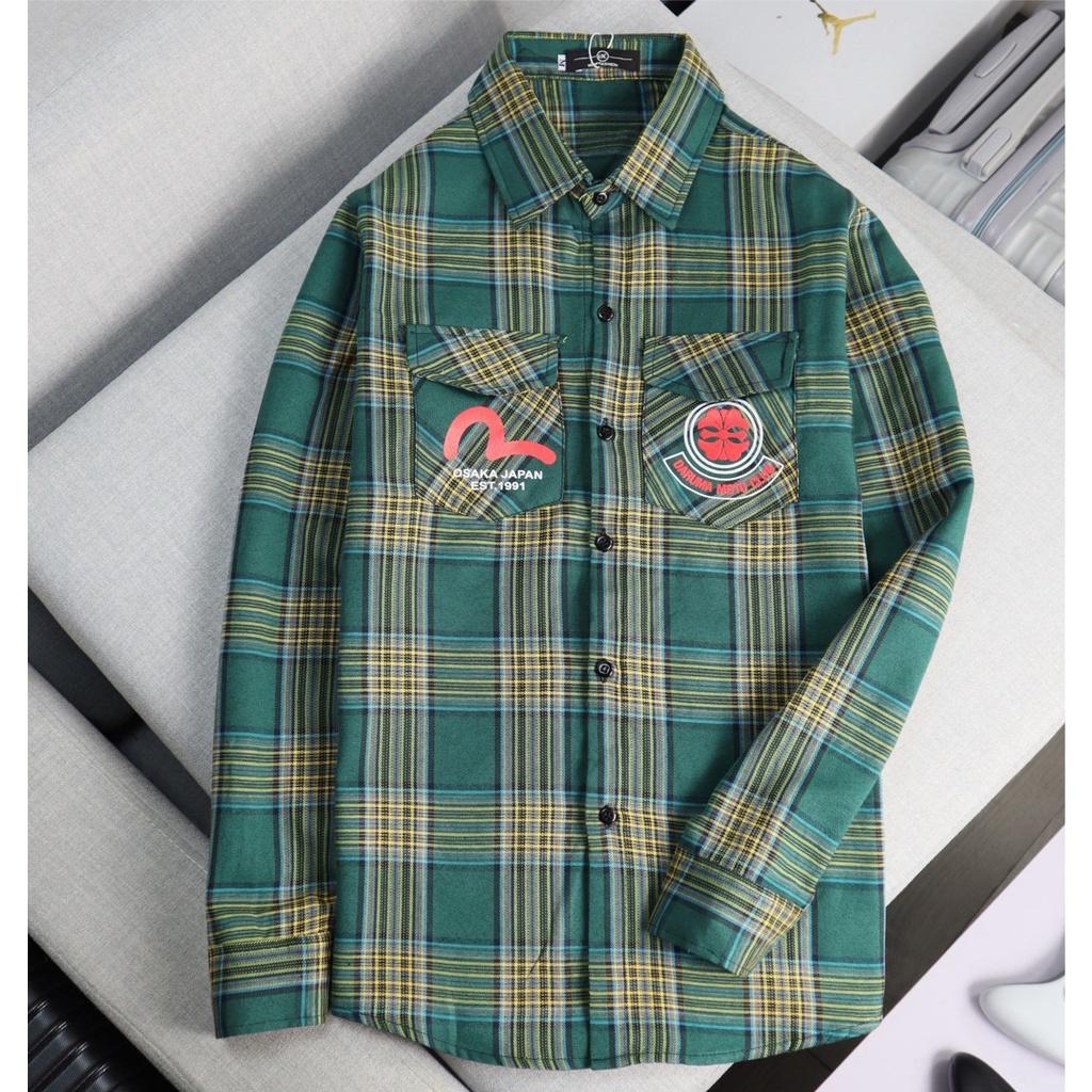 ÁO SƠ MI NAM CARO TAY DÀI LOGO THÊU EVISU DARUMA HOTTREND THỜITRANG NAM 1986