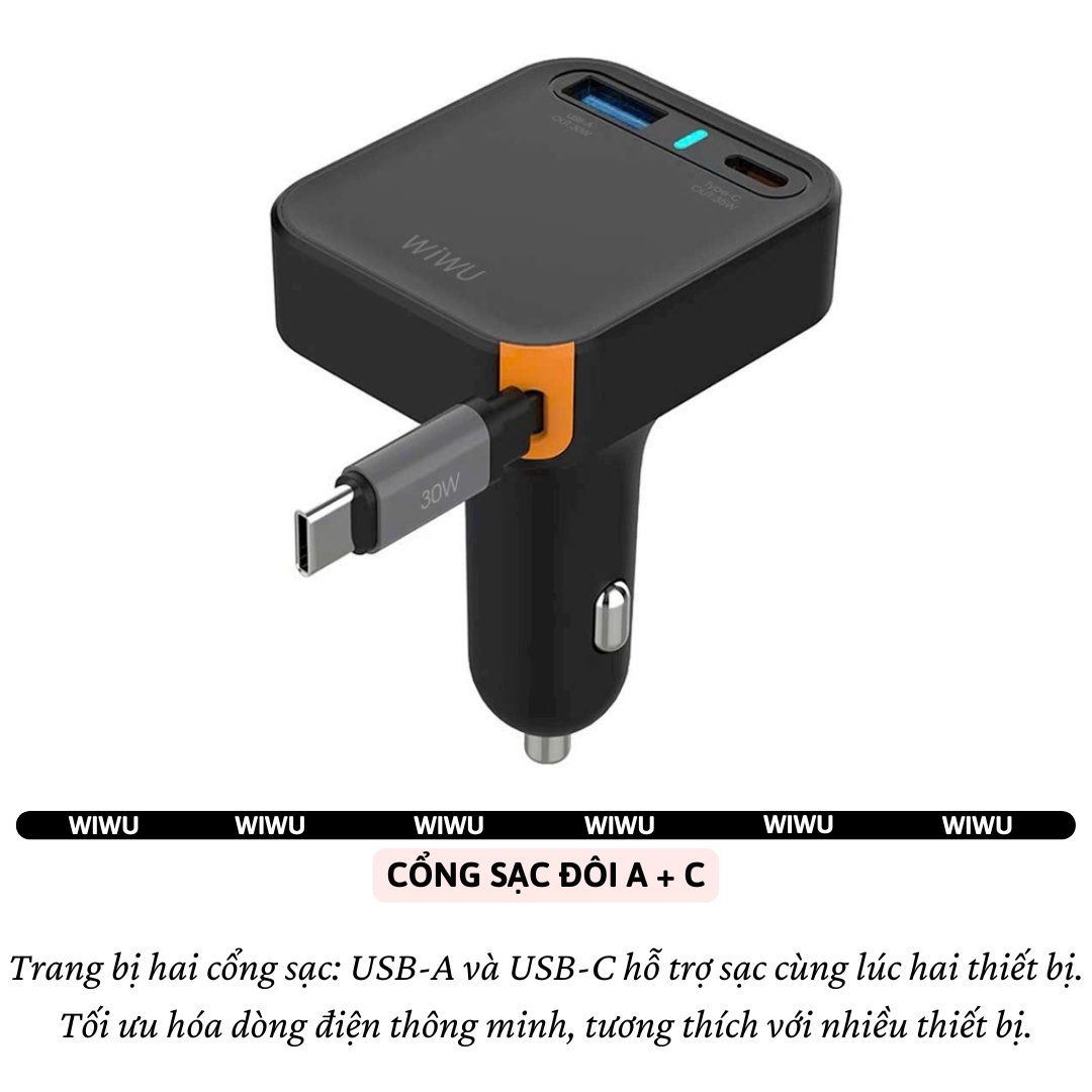 Tẩu củ sạc nhanh PD 65W cho xe hơi ô tô PD3.0 Type-C + 1 USB-A QC3.0 kèm dây sạc rút Type-C 66cm hiệu WIWU Helix cho iphone 17 16 15 iPad pro air Gen Vivo Oppo samsung Macbook - Trang bị chip Ai điều chỉnh dòng, Chống cháy, hợp kim nhôm - Hàng nhập khẩu