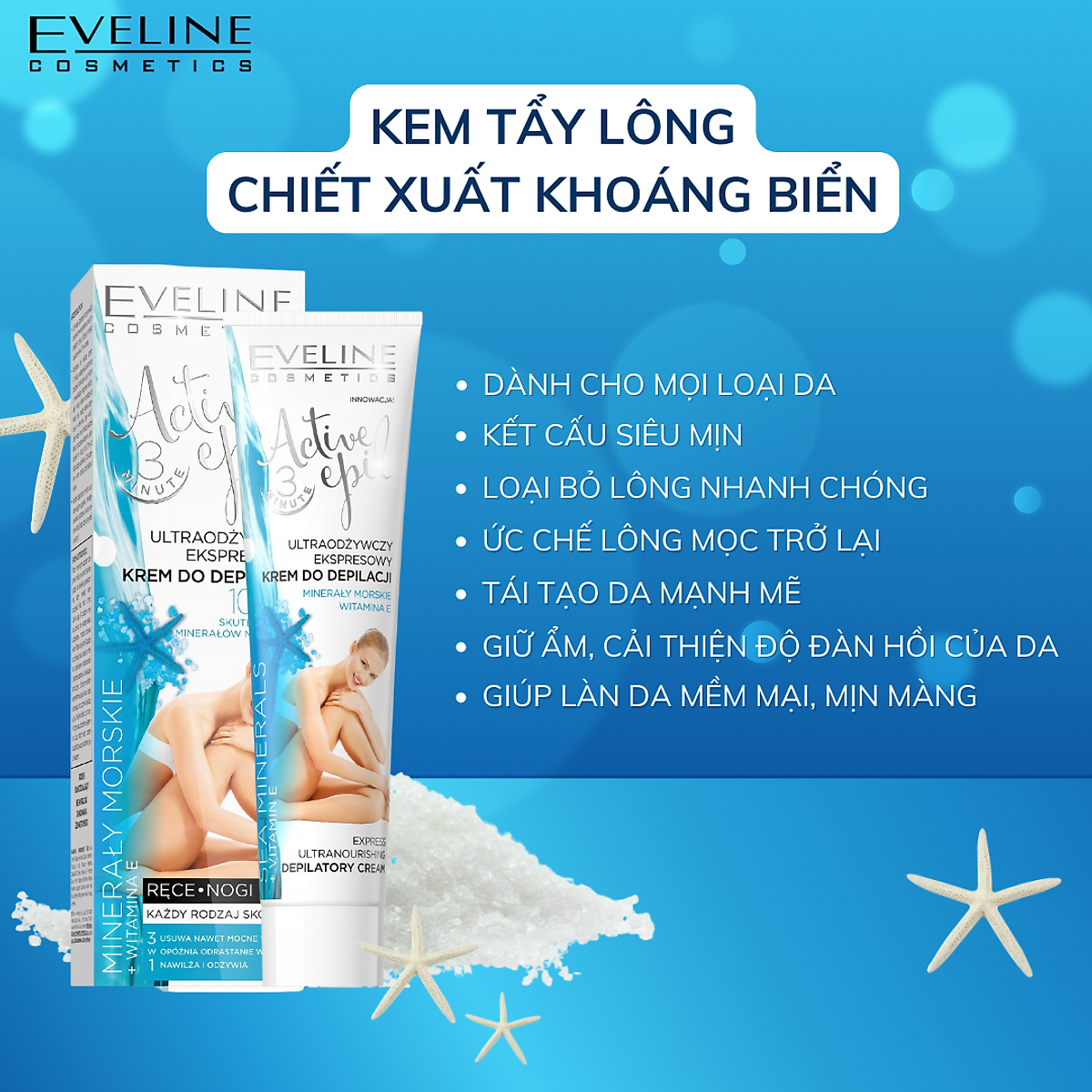 [ Tặng kem dưỡng tay] Kem tẩy lông chiết xuất khoáng chất biển dành cho mọi loại da ACTIVE EPIL EVELINE (Tay, chân)