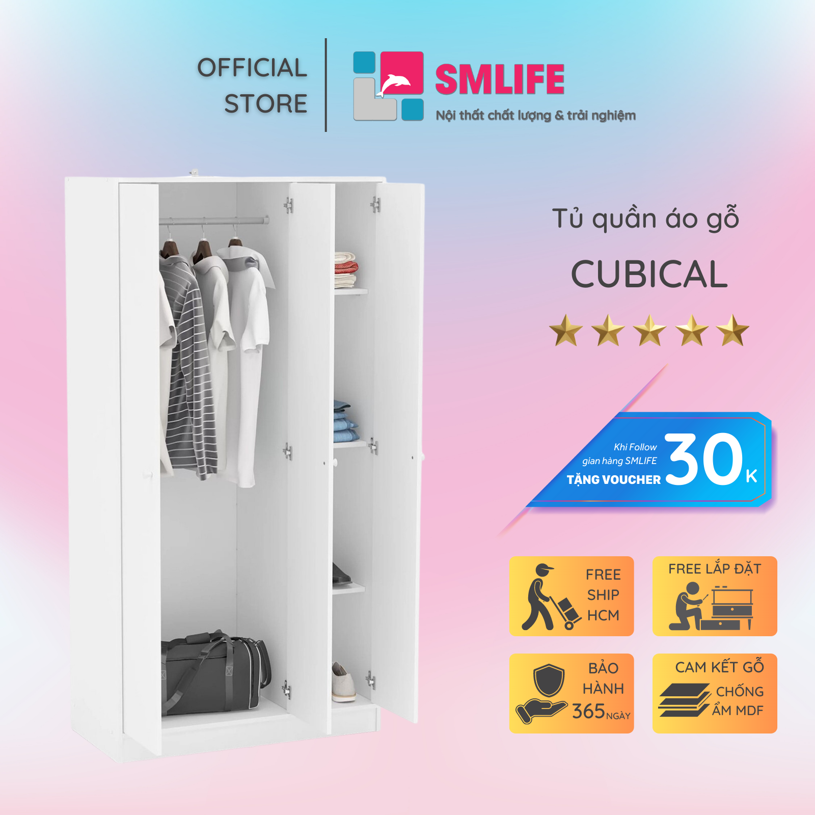 Tủ quần áo gỗ hiện đại SMLIFE Cubical  | Gỗ MDF dày 17mm chống ẩm | D90xR45xC180cm