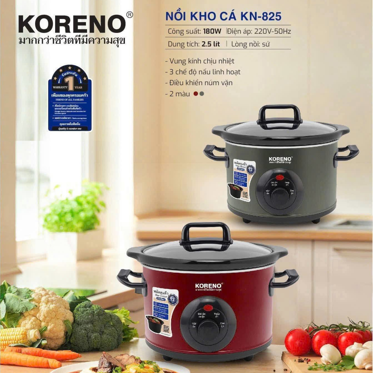 Nồi nấu chậm, kho cá, ninh xương Koreno Thái Lan 2.5L KN-825 - hàng chính hãng