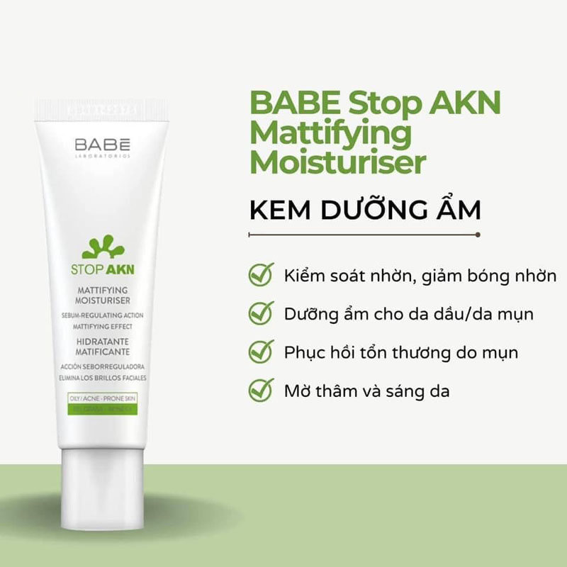 Kem dưỡng ẩm kiềm dầu giảm mụn BABE Stop AKN Mattifying Moisturiser 50ml
