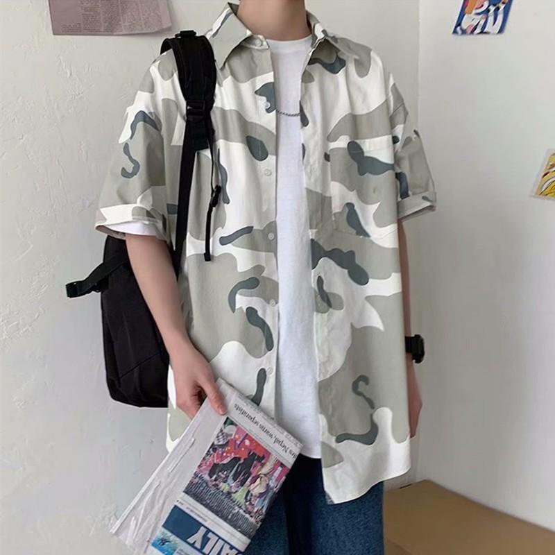 Áo sơ mi nam ngắn tay dáng rộng họa tiết rằn ri thời trang mùa hè thoải mái