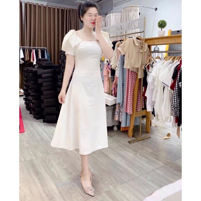 Đầm xoè trắng cổ vuông vai nơ