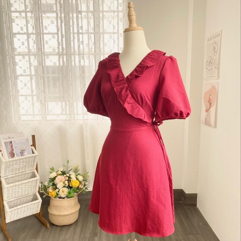 Váy trắng thiết kế dây bèo viền cổ V cột eo ngắn trên gối-NA7
