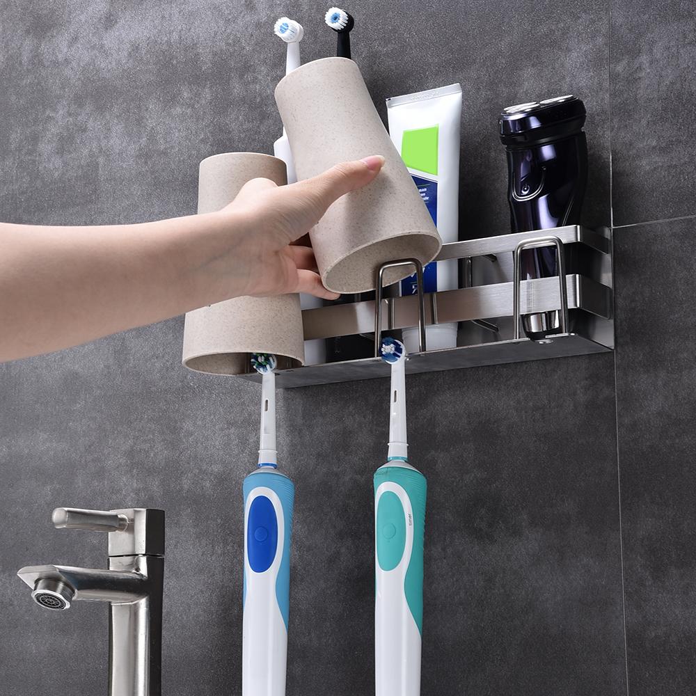Hộp đựng bàn chải đánh răng đa năng treo tường thiết kế ngăn để cốc, kem đánh răng và vật dụng nhà tắm, bằng thép không gỉ SUS 304 vững chắc