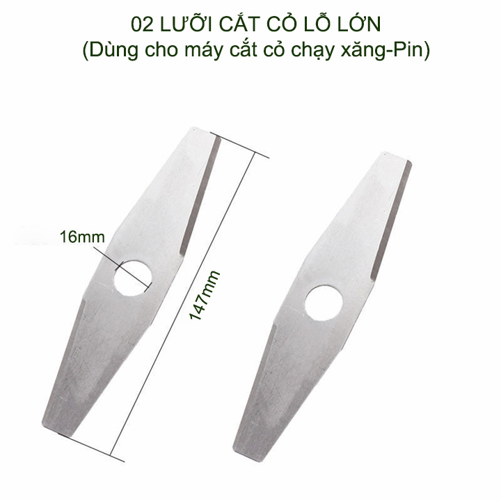 Bộ 2 Lưỡi cắt cỏ thép dẹt lỗ lớn D16mm, dài 147mm, dùng cho máy cắt cỏ chạy xăng