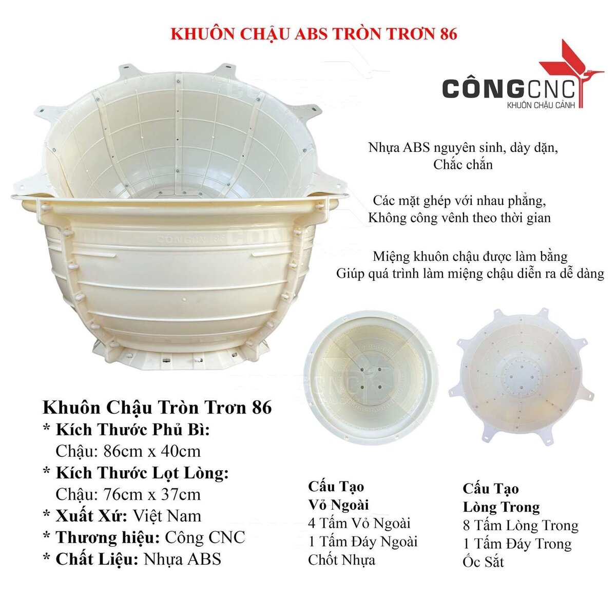 Khuôn Đổ Chậu Cảnh ABS, Khuôn Chậu Tròn Trơn 86- Không Chân Đôn