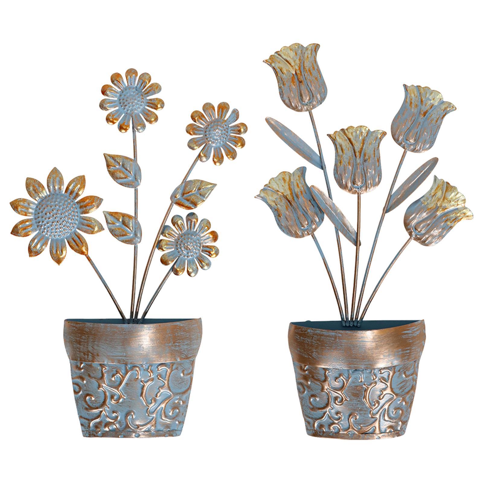 2Pcs Flower Pot Sculptures Yard Backyard Lawn Flower Metal Wall Art Decors