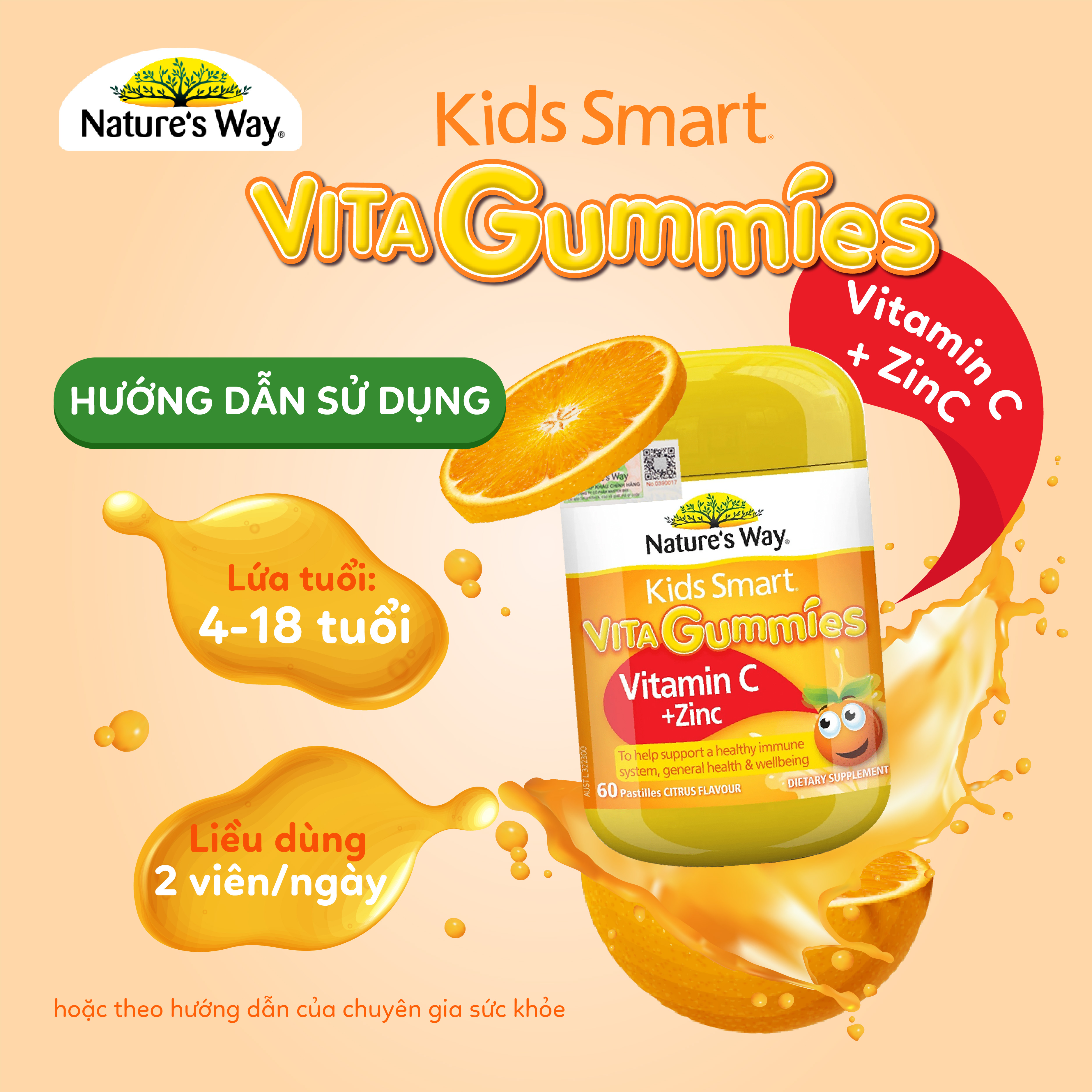 Kẹo Dẻo Vi Chất Nature's Way Kids Smart Vita Gummies Vitamin C+ZinC – Bổ sung kẽm và vitamin C tăng sức đề kháng cho trẻ