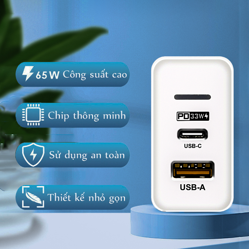 Củ sạc nhanh 65W, chip chất lượng cao, bảo vệ quá nhiệt- D1542